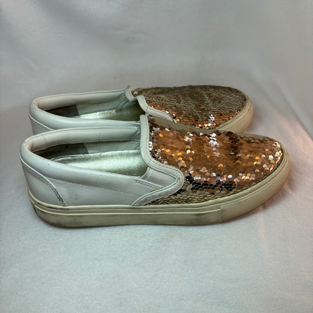 Tory Burch Rose Gold Sequin White Leather Slip On Sneakers Shoes 5.5M - Picture 3 of 5
